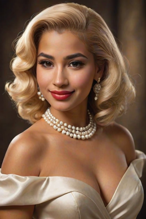 A beautiful taino woman reminiscent of 1950s Hollywood glamour, with perfectly styled blonde hair and a seductive smile, dressed in a satin blouse and adorned with pearls, soft and warm tones, photorealistic, 8K