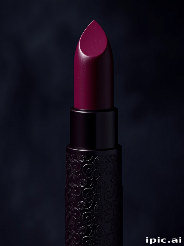 Mysterious deep plum matte lipstick in "Midnight Velvet" style, accentuated by intricate lace-like patterns etched into the surface, creating an alluring and sophisticated look