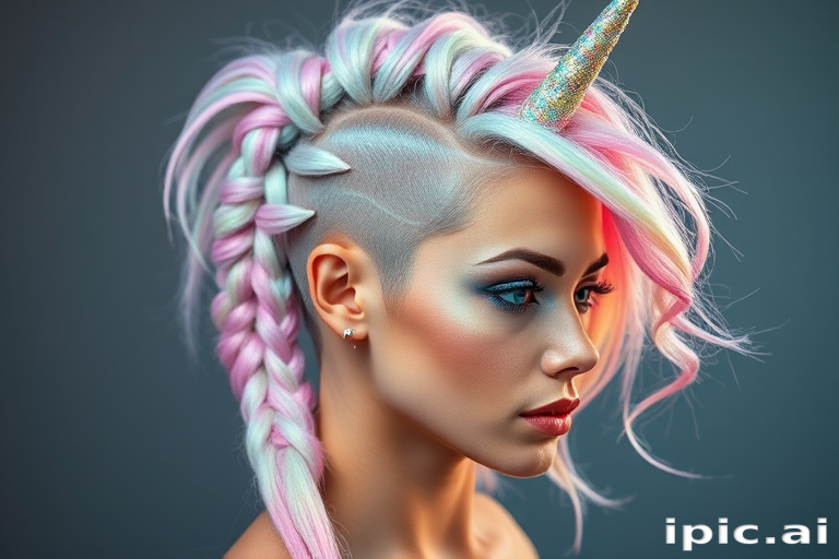 Avant-garde portrait showcases Holographic Unicorn hair, iridescent pastel hues shifting colors in the light, styled in an elaborate braided mohawk with glitter accents
