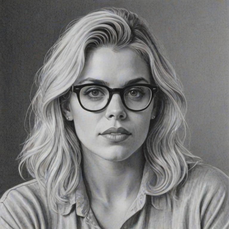 Sublime Busy Philipps, pencil sketch, portrait of Wonderful woman 1979s in glasses, hair style beatnik, outline, clear lines, fine lines, 8k