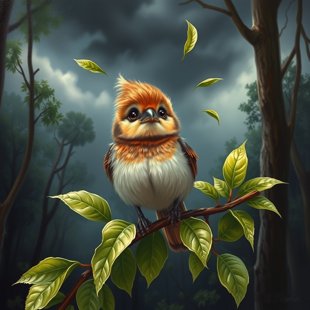 airbrushed oil painting,  a cute little bird, sitting on a branch with lush leaves, startled eyes, his feathers ruffled and blown up, leaves in the air, background bending trees in a forest, storm clouds