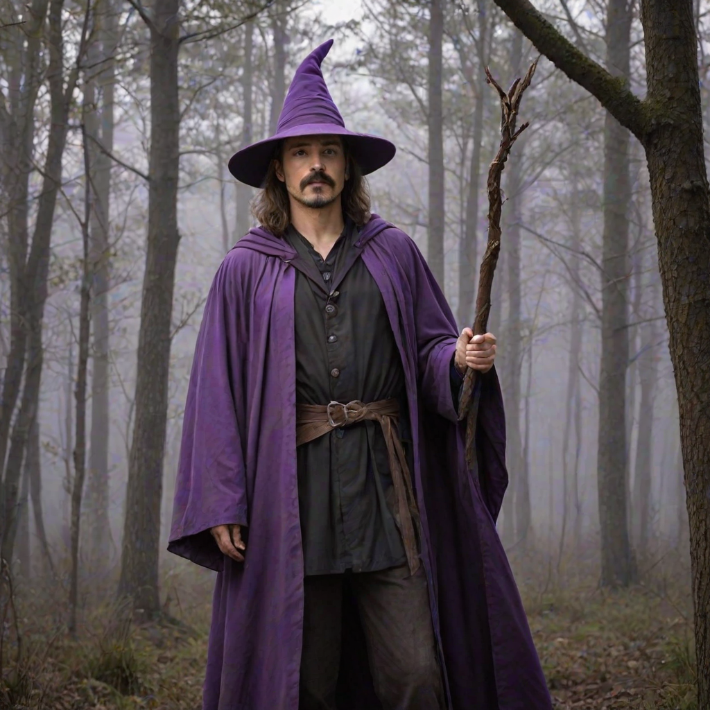 safe, sketch, 1boy, solo, male focus, mature male, wizard, long hair, brown hair, black eyes, looking at viewer, hat, facial hair, beard, mustache, staff, wizard hat, purple hat, shirt, collared shirt, robe, purple robe, cloak, holding, holding staff, upper body, standing, outdoors, forest, nature, tree, fog, dark background