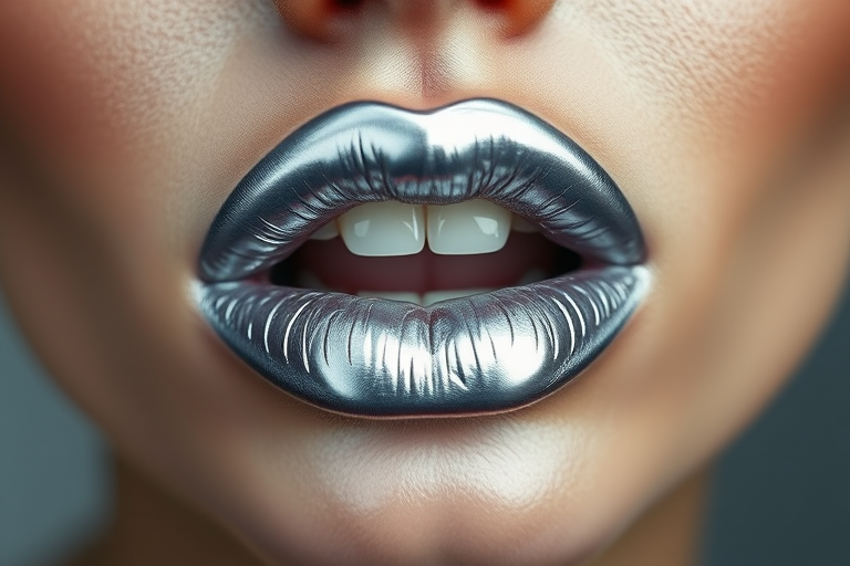 Metallic silver lips with a futuristic sheen, sleek and edgy, pushing the boundaries of conventional makeup with their avant-garde appeal