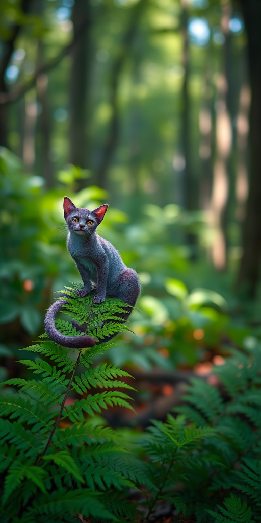 A mystical purple cat-like creature perched on a lush green fern in a vibrant forest setting, soft sunlight filtering through the trees, photographed with a Canon EOS R5, 50mm lens, f/1.8 aperture, ISO 200, natural lighting for enhanced color depth and sharpness.
