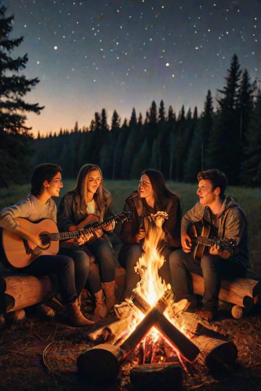 Warmly lit photo of a group of friends sitting around a campfire under a starry sky, soft golden light from the flames illuminating their faces, with a guitar leaning against a log and marshmallows roasting over the fire.