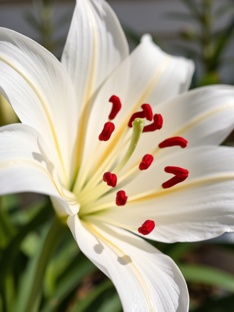 Regenerate the image of a white lily flower with detailed petals and vibrant red stamens, using a DSLR camera, 50mm lens, f/2.8 aperture, ISO 100, shot in natural light from a slightly elevated angle for depth.