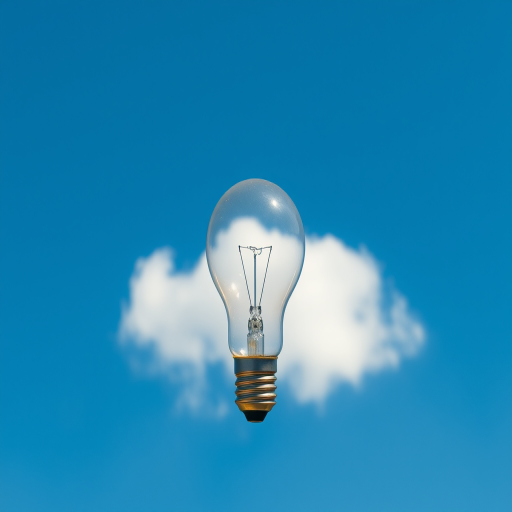 create an image of a transparent light bulb floating in a clear blue sky with a single fluffy white cloud, use a DSLR camera with a 50mm lens, aperture f/2.8, shutter speed 1/1000s, ISO 100, natural daylight, high dynamic range for enhanced brightness and clarity