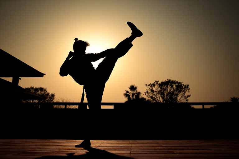 Create a dynamic silhouette of a martial artist performing a high kick, captured from a low angle perspective using a DSLR camera, 50mm lens, f/2.8 aperture, ISO 100, and a shutter speed of 1/500s to enhance image clarity and contrast.