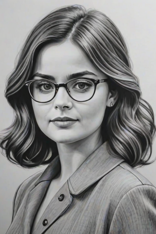 Exquisite Jenna-Louise Coleman, pencil sketch, portrait of Elegant woman 1952s in glasses, hair style beatnik, outline, clear lines, fine lines, 8k