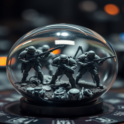 Create a highly detailed close-up shot of a futuristic diorama featuring armored soldiers in intricate poses inside a glass sphere, captured with a DSLR camera, 50mm lens, f/1.8 aperture, ISO 200, 1/60 sec shutter speed, with soft diffused lighting and a bokeh background to emphasize the intricate details and create a dramatic effect.