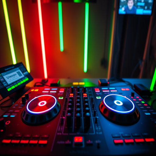Photograph of a DJ's mixing console with vibrant neon lights, captured with a Canon EOS R5, ISO 800, f/2.8, 1/60s, top-down view, using a shallow depth of field to focus on the controls and colorful illumination.