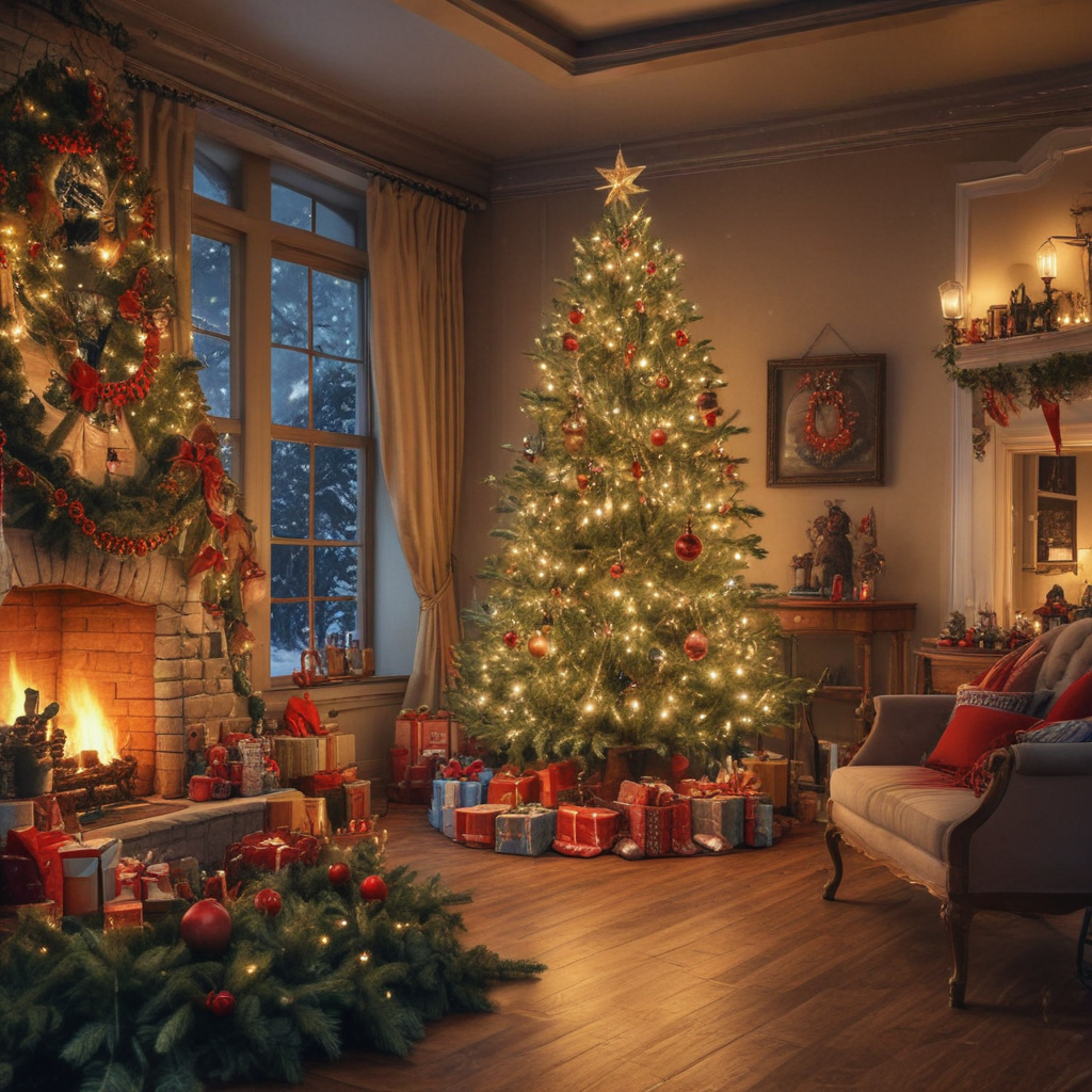 A Cozy Christmas Living Room with a Beautifully Decorated Tree and ...