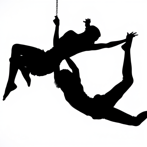 Create an artistic silhouette of two figures suspended in a dynamic pose, with a high contrast black and white color scheme, shot with a DSLR camera at f/2.8, ISO 100, 1/200s, using a macro lens to enhance detail and create a shallow depth of field.
