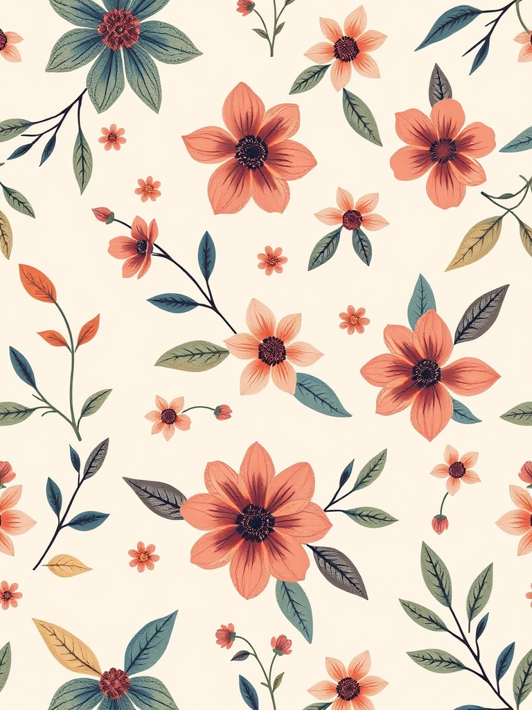 Create a seamless pattern design featuring abstract flowers and leaves on a light beige background with soft colors, using a Canon EOS R5 with a 50mm lens, aperture f/2.8, ISO 100, shot in natural light from a top-down perspective to enhance the image quality.