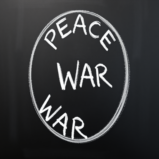 Create an image of the words "Peace" and "War" alternating in a circular pattern on a black chalkboard background, using a DSLR camera with a 50mm lens, aperture set to f/1.8, shutter speed at 1/125s, ISO 200, shot from an eye-level angle to enhance clarity and texture of the chalk.