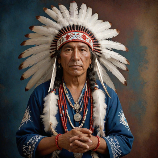 Create a dignified portrait of a Native American man dressed in traditional attire. He wears a beautifully crafted headdress adorned with white feathers and red beads, along with a beaded headband featuring intricate patterns. His clothing includes a deep blue, patterned shirt and a traditional chest piece with detailed beadwork. His arms are crossed, displaying leather armbands decorated with feathers. The background is simple and neutral, emphasizing his proud and stoic expression. The overall image captures the rich cultural heritage and strength of his persona.