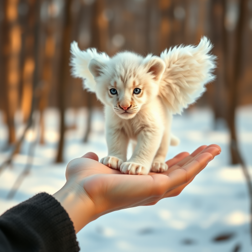 A small, white lion cub with angelic wings standing on a human hand. The cub has a soft, fluffy texture with detailed fur, expressive blue eyes, and a curious expression. The wings are large and feathery, blending seamlessly with its fur, giving an ethereal appearance. The background is a winter forest, with the ground covered in snow and blurred brown trees, creating a serene atmosphere. The human hand in the foreground is positioned palm-up, supporting the lion cub gently, fingers slightly curled. The lighting is soft and diffused, enhancing the tender and magical feel of the scene. Colors are predominantly neutral with white, cream, and soft browns, contrasting with the subtle blue of the lion cub's eyes. The overall composition is balanced, with the cub at the center, creating a focal point that draws the viewer's attention immediately.
