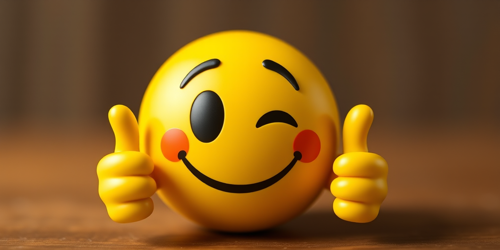 Create an image of a smiling yellow emoji with one eye winking and two thumbs up, shot with a Canon EOS R6 at f/2.8, ISO 100, 50mm lens, using a softbox for even lighting and a slight blur background for depth.