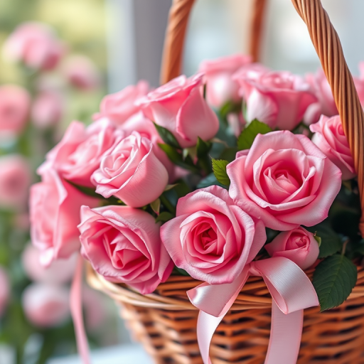 Create a vibrant and detailed illustration of a basket filled with pink roses, featuring a soft ribbon, using high-resolution digital art techniques, shot in macro view to capture intricate details, with a focus on natural light and a depth of field effect to enhance the visual appeal.