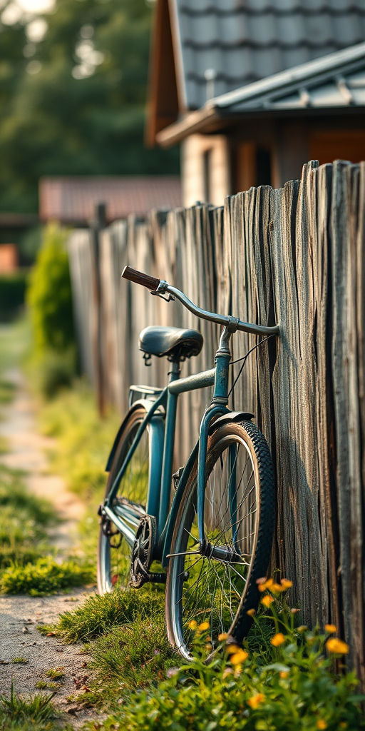 Soft-focus image of an old bicycle leaning against a weathered wooden fence in a quiet village, soft afternoon light illuminating the scene, with wildflowers growing along the fence.
