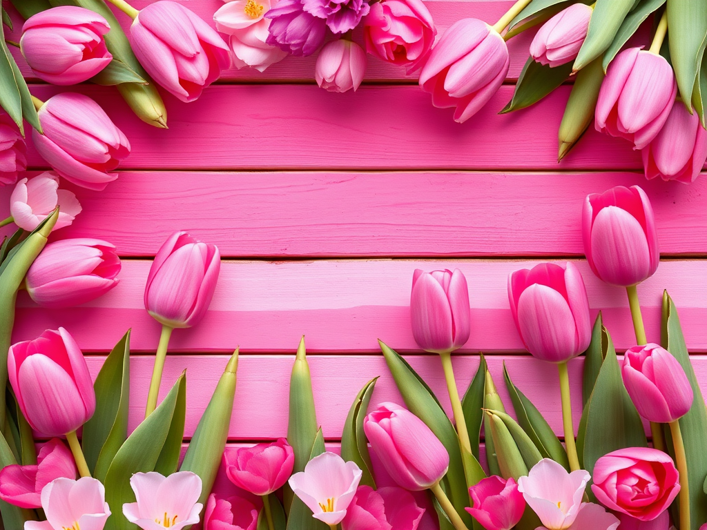 Create a vibrant floral border with pink tulips surrounding horizontal stripes in various shades of pink and purple, using a DSLR camera with a 50mm lens, aperture set to f/1.8, shutter speed of 1/200s, ISO 200, shot from eye level to capture depth and detail, in high resolution.