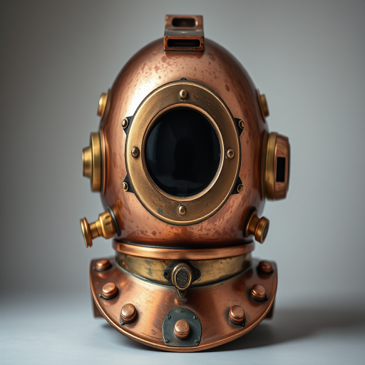 Create a highly detailed image of a vintage diving helmet made of copper and brass, photographed in a studio setting with a 50mm lens, aperture set to f/8 for deep focus, ISO 100 for minimal noise, soft lighting to highlight the metallic textures, shot from a slightly elevated angle to showcase the front view.