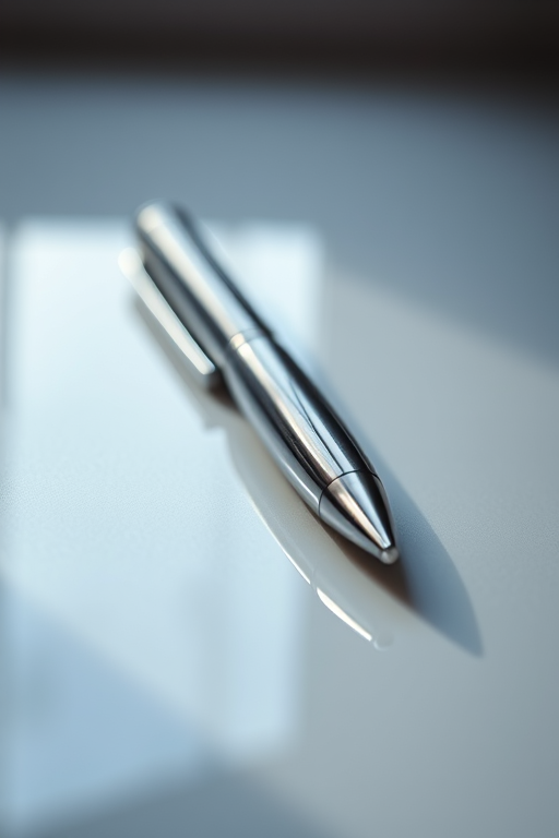 Create a hyper-realistic image of a sleek, elegant silver pen lying at a slight angle on a soft-focus surface, captured with a Canon EOS R5, 50mm lens, f/1.8, ISO 100, natural lighting, emphasizing reflections and textures.