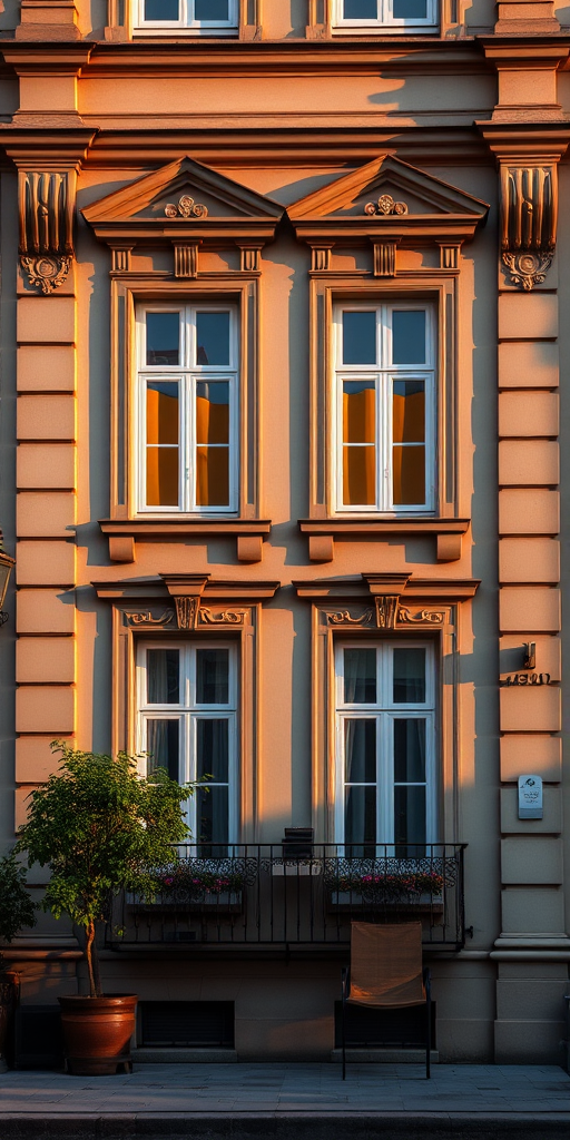 Regenerate a picturesque exterior view of a building featuring elegant architectural details with two windows and a small balcony adorned with chairs, captured in natural lighting at golden hour using a DSLR camera with a 50mm lens, aperture set at f/1.8 for a shallow depth of field, ISO 200 for clarity, and a shutter speed of 1/250 seconds for sharpness.