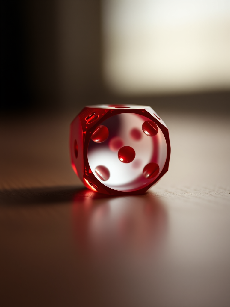Create an image of a red twenty-sided die, focused view, high resolution, using a DSLR camera with a 50mm lens, f/2.8 aperture, ISO 100, and soft diffused lighting.