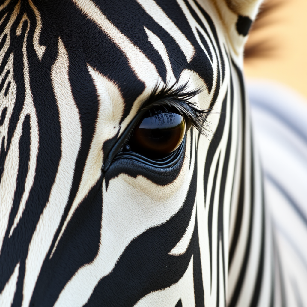 Close-up of a zebra’s face, focusing on its eye. The zebra’s distinctive black and white stripes are prominent, with its large brown eye showing detailed lashes and a slight reflection. The texture of the zebra’s skin and fur is visible, creating a sharp contrast between the dark and light stripes.