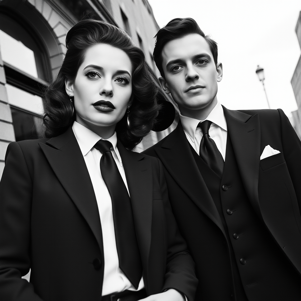 Black-and-white photograph, couple, tailored suits, retro hairstyles, film noir style, Tilt the camera for a dynamic Dutch angle using a versatile 24-70mm lens