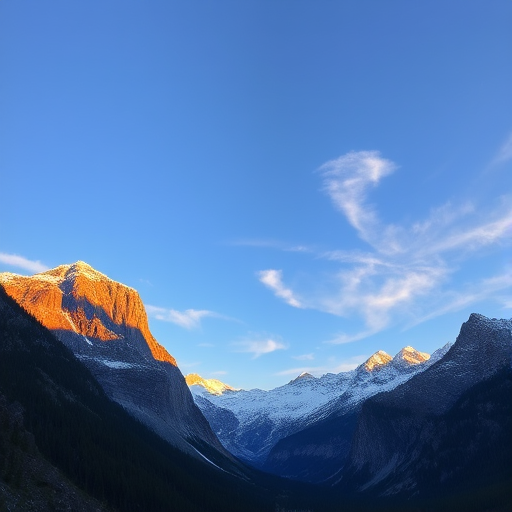 mountain landscape during golden hour, clear blue sky with wispy clouds, snow-capped peaks, wide-angle lens, f/11, ISO 100, 1/125 sec, HDR photography, DSLR camera
