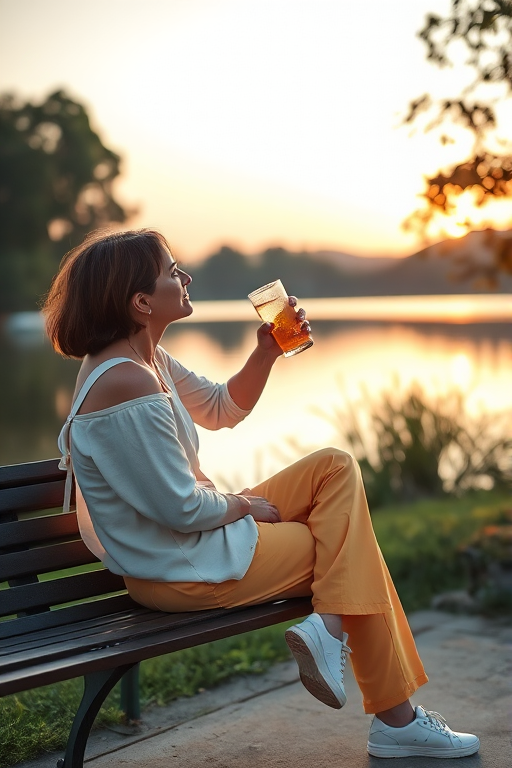 regenerate the image of a person sitting on a bench by a lake, casually sipping a drink, wearing a light top and bright pants, with a relaxed posture, use a DSLR camera with a 50mm lens, aperture f/2.8, ISO 100, and a shallow depth of field for enhanced focus on the subject and soft background blur, capturing natural lighting during golden hour.