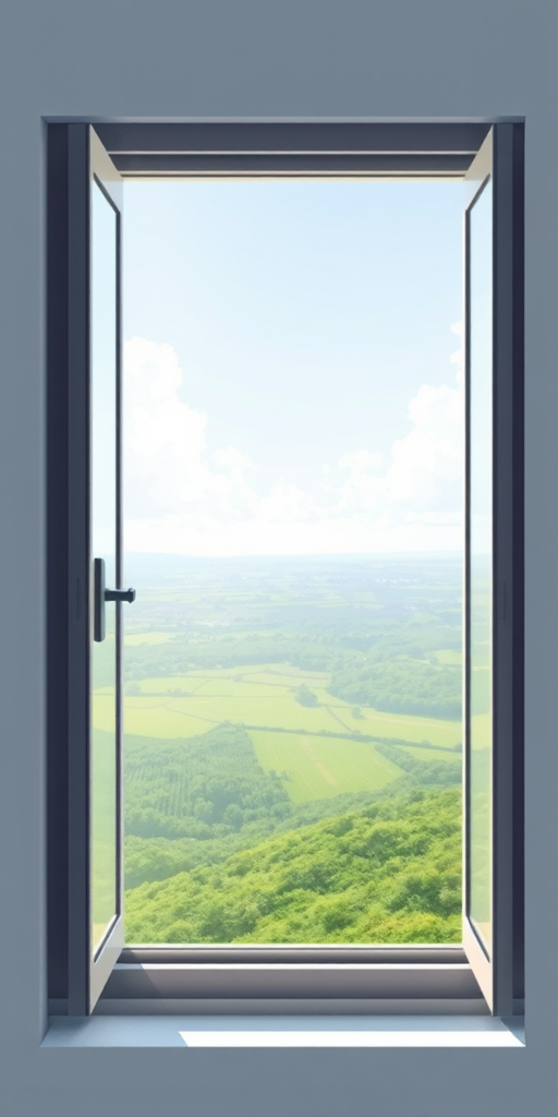 Create a digital illustration depicting an open window with a view of a green landscape, using a soft focus effect, camera settings: f/2.8, ISO 100, shutter speed 1/125s, aerial view, in a modern graphic design style with high resolution.