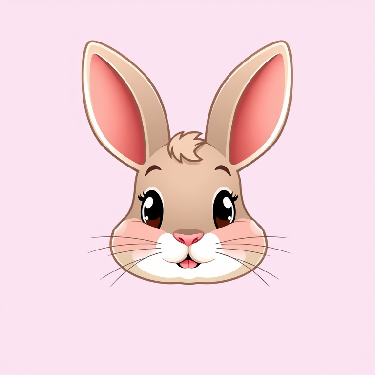 Create a cute cartoon illustration of a rabbit's head, set against a soft lavender background, using a Canon EOS 5D Mark IV at f/4, ISO 100, 50mm lens with a slight bokeh effect for depth.