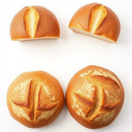 Create a high-resolution image of two types of loaves of bread displayed side by side on a clean white background with a soft focus, using a DSLR camera, aperture f/2.8, ISO 100, 50mm lens, natural lighting, and top-down view.