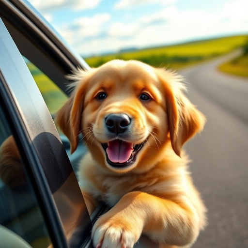 A happy golden retriever puppy with its head out of a car window enjoying a ride on a sunny day with a blurred background of a road and green fields.