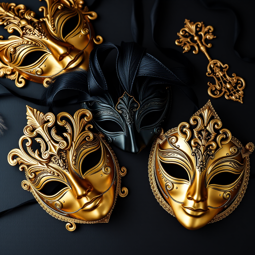 highly detailed flat lay of ornate gold and black Venetian masks on a dark surface, 50mm lens, f/1.8 aperture, ISO 100, natural soft lighting, shot from above with a shallow depth of field, using a full-frame DSLR camera, high resolution
