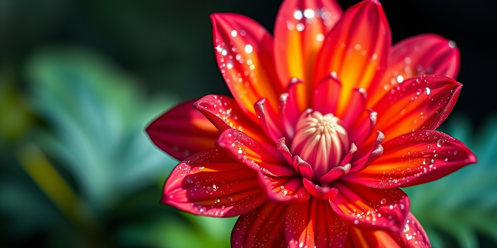 Generate a high-resolution image of a vibrant, sparkling flower with rich colors and intricate details, illuminated with a soft glow, captured at f/1.8 aperture, 50mm focal length, ISO 100, with a shallow depth of field using a DSLR camera in macro mode.