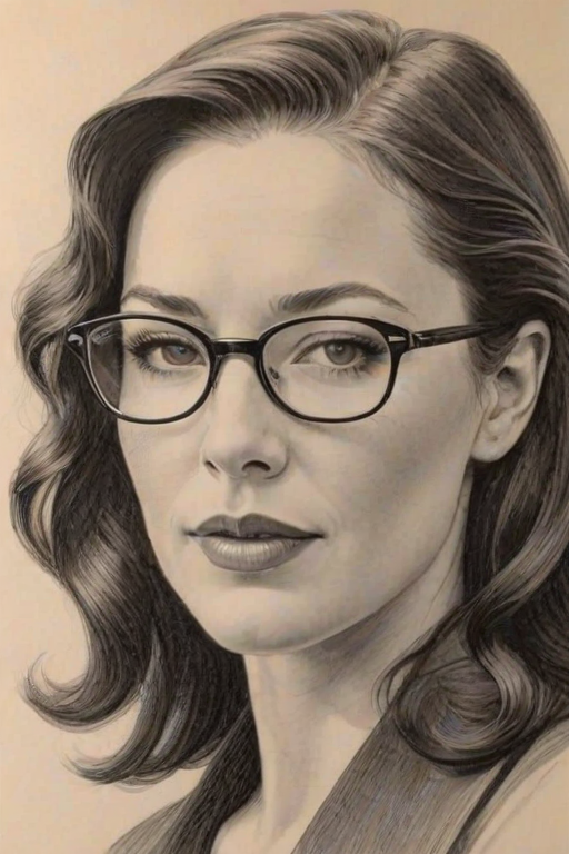 Captivating Lynn Collins, pencil sketch, portrait of Fascinating woman 1937s in glasses, hair style beatnik, outline, clear lines, fine lines, 8k