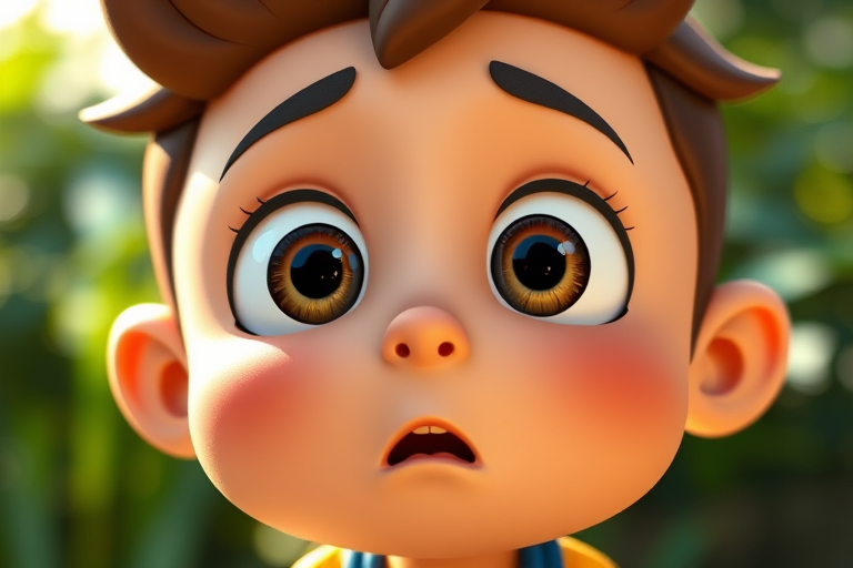 Create a cartoon character with a surprised expression, medium close-up view, using a DSLR camera with a 50mm lens, aperture set to f/2.8, ISO 100, and natural lighting to enhance colors and details.