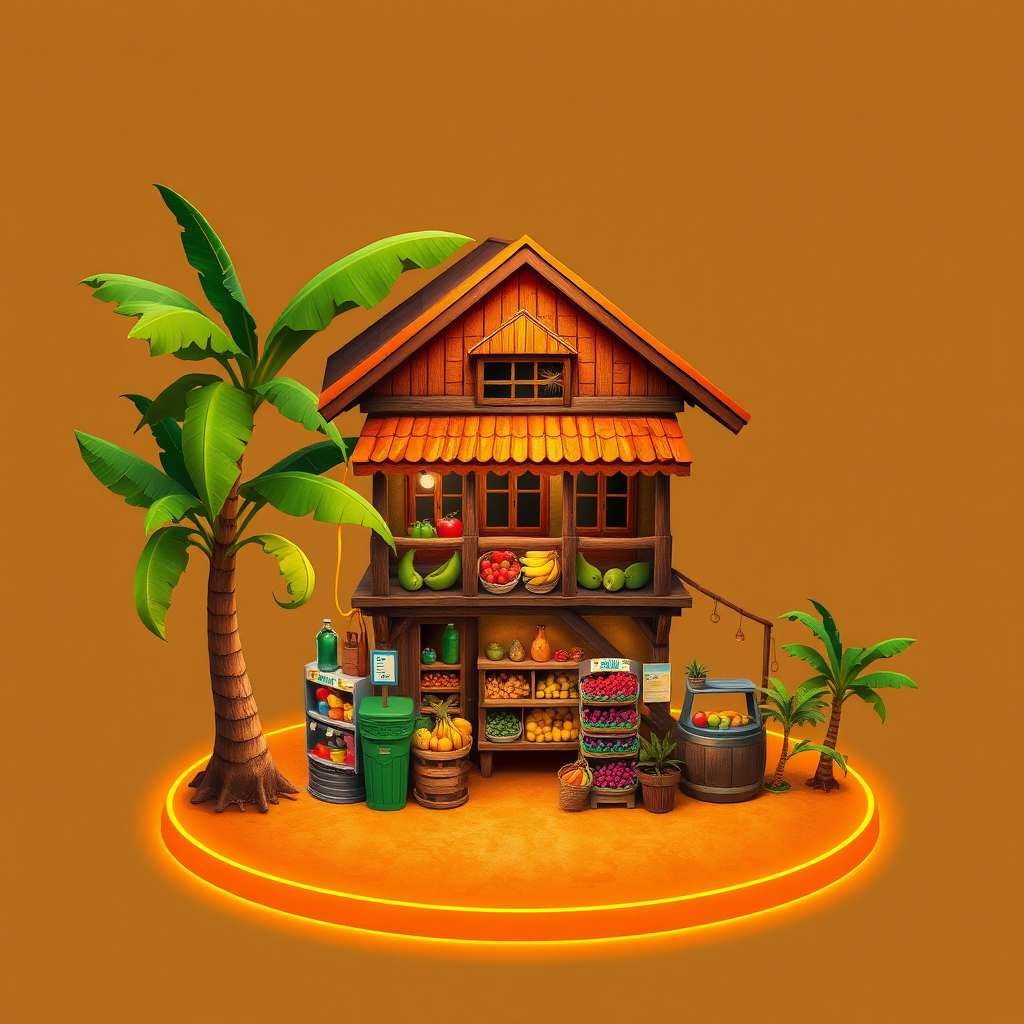 A vibrant tropical fruit market with a small, two-story building. A large banana tree stands nearby, with the fruit displayed on the balcony. The ground is surrounded by a glowing orange and yellow ring