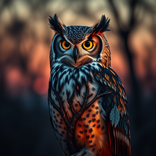 A majestic owl with intricate tree branches and leaves incorporated into its design, set against a dreamy twilight background, captured with a Canon EOS R5, 85mm lens, f/1.8 aperture, 1/200 sec shutter speed, ISO 100, soft focus, vibrant colors.