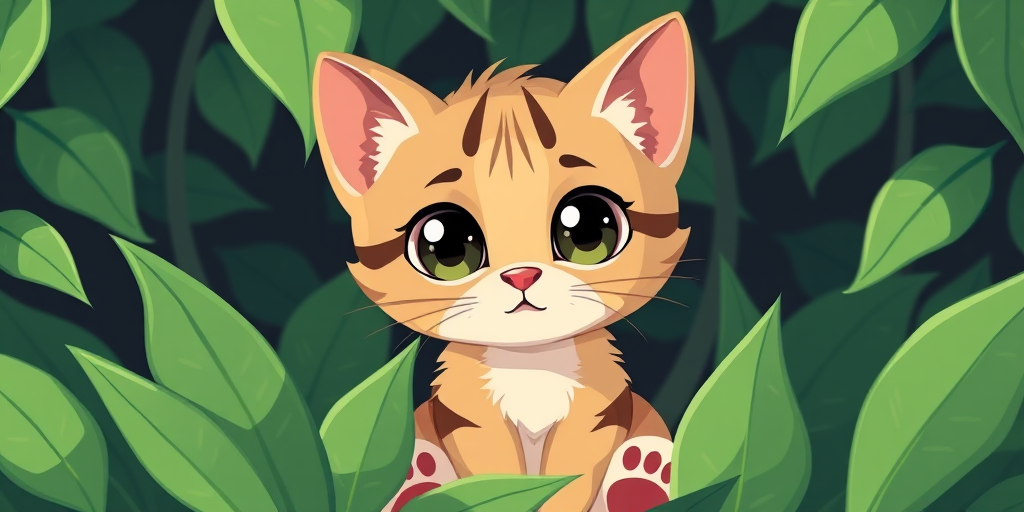 Create a high-resolution illustration of a cute, cartoon-style kitten with large expressive eyes sitting amidst stylized green leaves, using a DSLR camera with a 50mm lens, aperture set to f/2.8, ISO 100, and soft natural lighting for an enhanced quality.