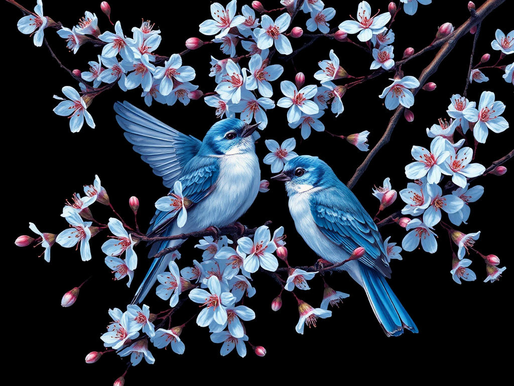 Create a detailed illustration of blue birds amidst blue cherry blossoms on a black background, using a DSLR camera, aperture f/2.8, shutter speed 1/250s, ISO 200, shot from a top-down view to capture intricate details with high contrast and vibrant colors.