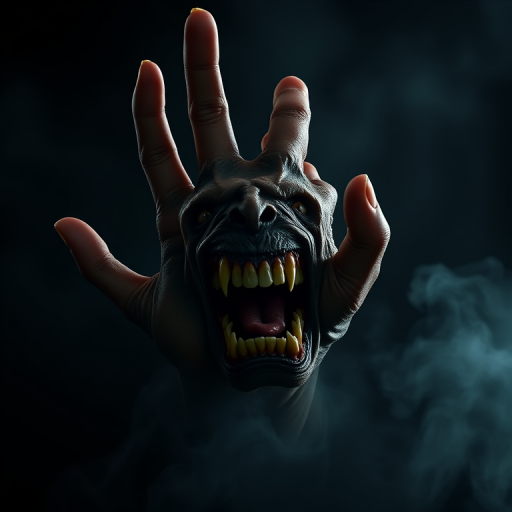 Create a hyper-realistic image of a monstrous hand emerging from a dark, smoky background, featuring exaggerated facial features with sharp teeth and a gaping mouth; use a Canon EOS R5 camera at f/1.8, ISO 100, and a shutter speed of 1/200s, in a soft, dramatic lighting style to enhance details and textures.