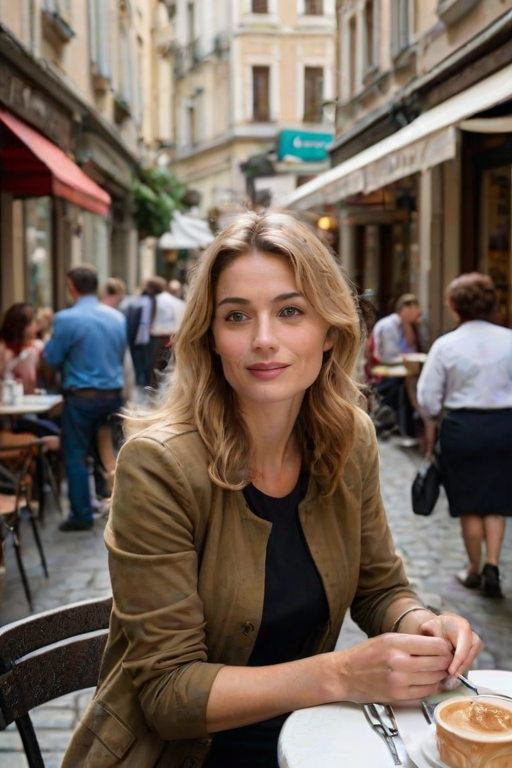 Bustling European street cafe, the chatter of patrons filling the air, a woman sips espresso at a table by the sidewalk, her gaze fixed on the passing pedestrians.