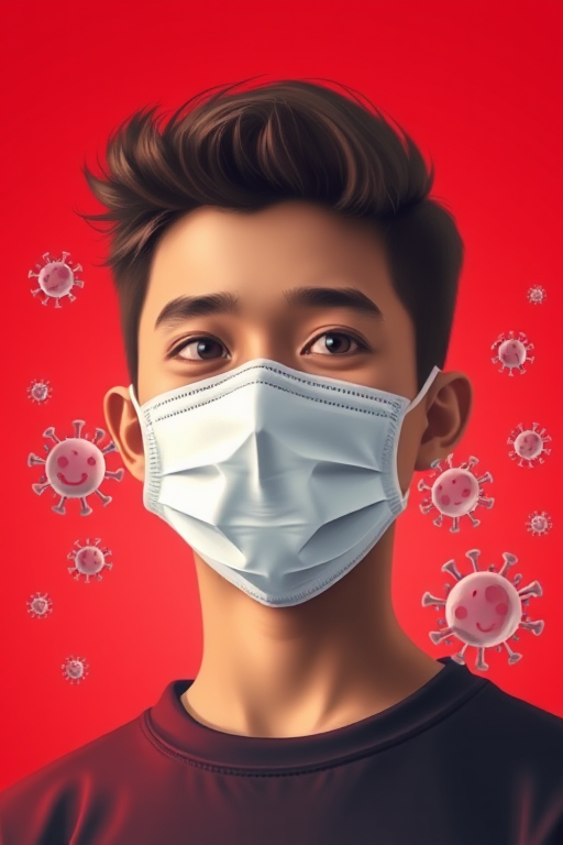 Create a digital illustration of a young person wearing a white mask against a gradient red background, with cartoonish virus illustrations around, using a soft focus lens, aperture f/2.8, ISO 100, 50mm lens, and a portrait style composition.