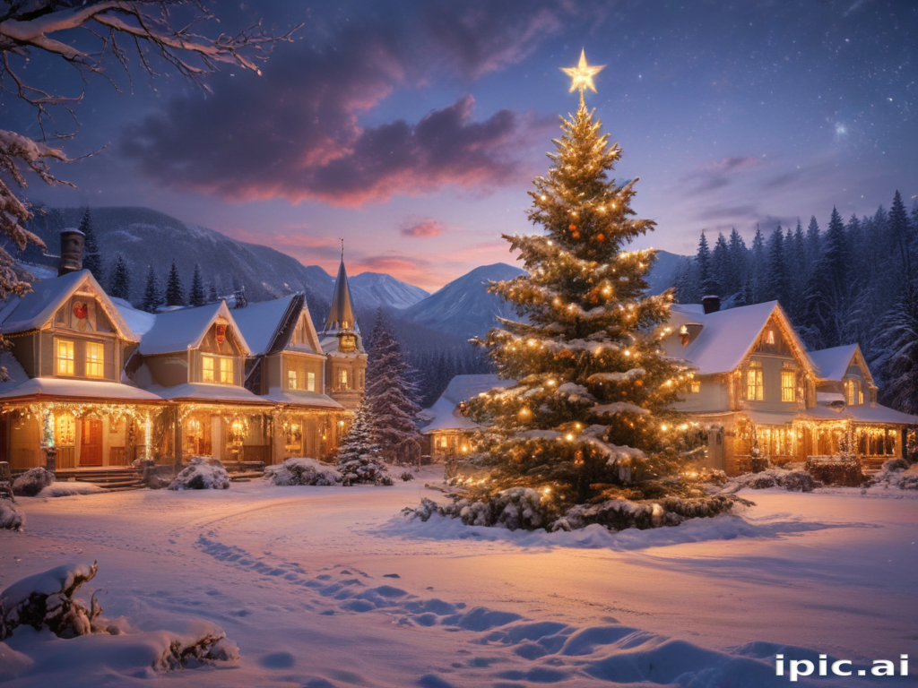 Charming Winter Scene Featuring Decorated Christmas Tree and Cozy Homes