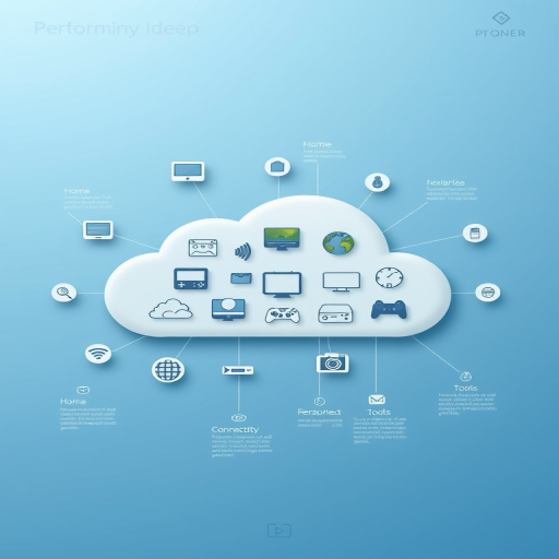 Create a high-resolution infographic depicting a cloud with interconnected icons representing various technology themes such as home, gaming, tools, and connectivity, using a Canon EOS R5, 50mm lens, aperture f/2.8, ISO 100, natural lighting, overhead view, crisp vector style.